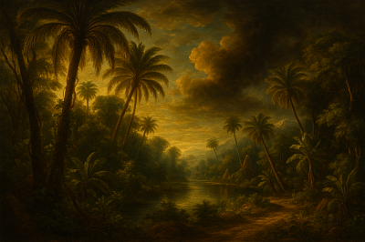 Barockes Tropen-Gemälde mit Palmen und Dschungel