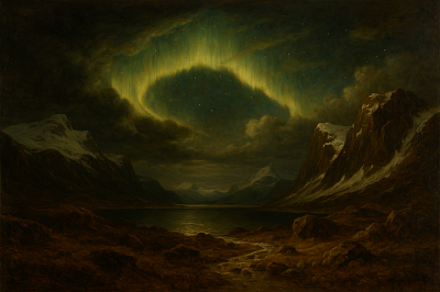 Barockes Landschaftsgemälde mit Nordlichtern – inspiriert von Skandinavien, Sibirien und dem arktischen Raum. Licht, Eis und Stille