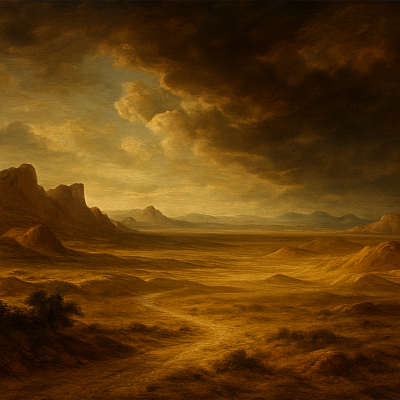 Barockgemälde einer weiten Steppen- und Wüstenlandschaft Darstellung sandiger Dünen, trockener Ebenen und Felsen, wie man sie in Regionen wie der Sahara, dem Nahen Osten, Zentralasien, Nordafrika und Teilen Australiens findet.