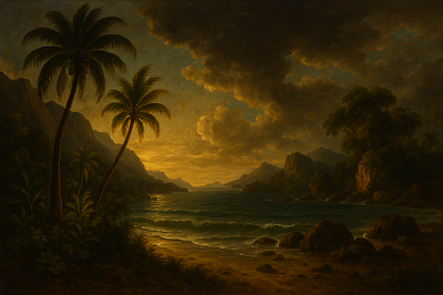 Barocke Insel-Küstenlandschaft aus tropischen und mediterranen Regionen: Philippinen, Karibik, Mittelmeer, Madagaskar, Polynesien.